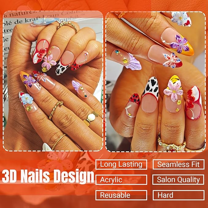 Handmade Acrylic Press On Nails Almond, 3D Press On Nails Medium, Flower 3D Red Nails French Tip Preal Shell Leopard For Women Gift, Reusable Stick On Fake Nails Kit With Nail Glue(Lush Garden-L)