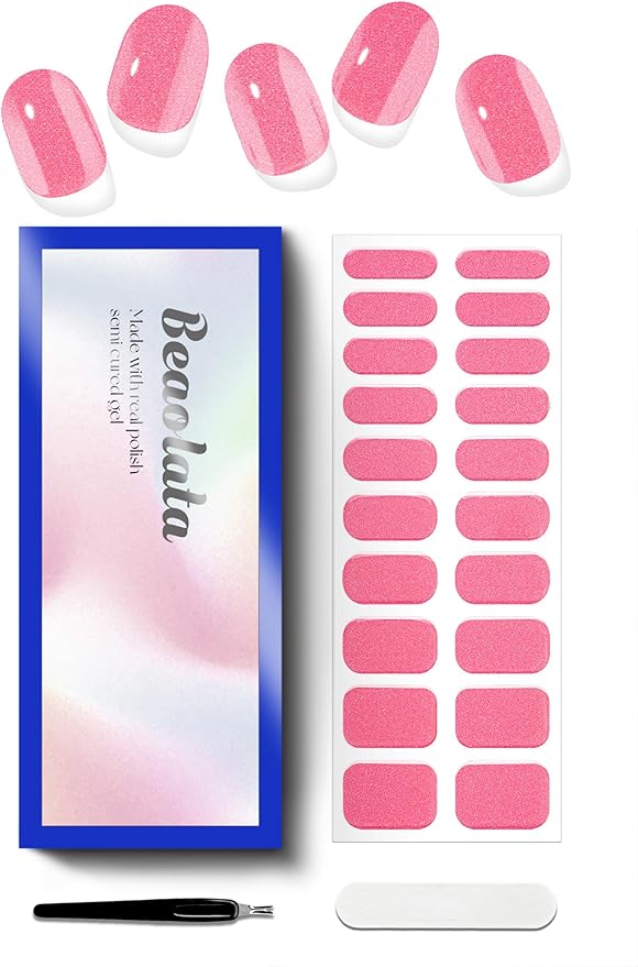 Semi Cured Gel Nail Strips - UV Light Gel Nail Stickers - 20 Long Lasting Salon Quality Wraps (Pink Sugar Sparkle)
