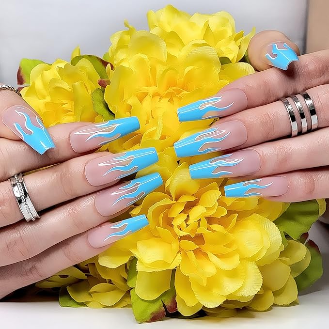 Hypnaughty 24 Pcs Blue Wildfire Fire Flames Extra Long Coffin Press On Nails with Design and Glue XL Nude Pink Nails with French Fire Flames (Blue Wildfire Extra Long)