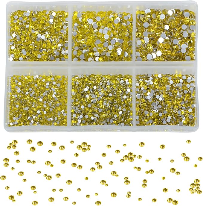 Bymitel 7200 Pieces 6 Mixed Sizes Glue Fix on Glass Rhinestones Round Crystal Gems Flatback for DIY Jewelry Making with one Picking Pen (6-Sizes 7200PCS, Citrine)