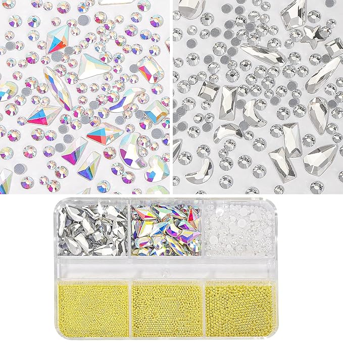 3D Nail Art Charms Gold Nail Micro Caviar Beads Rhinestones for Acrylic Nails Mix Size Multishape AB Nail Rhinestones Nail Crystal Studs Flatback Pearl Kit for Nail DIY Craft Decoration