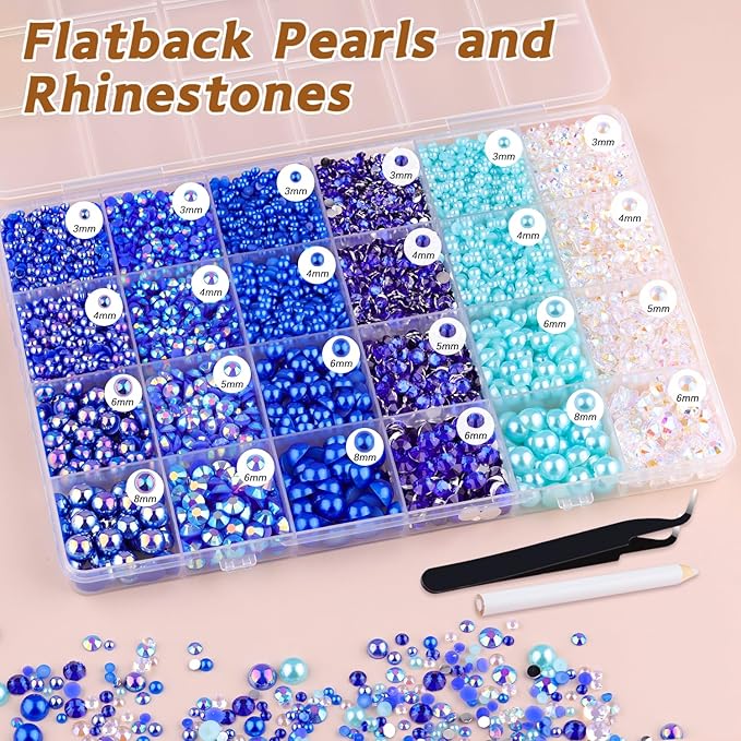 14000PCS Flatback Pearls and Blue Rhinestones for Bedazzling Kit, Dark Blue Mixed Size 3-10mm Resin Rhinestones Gems and Half Pearls for Crafting, Nail Art Crafts Decoration
