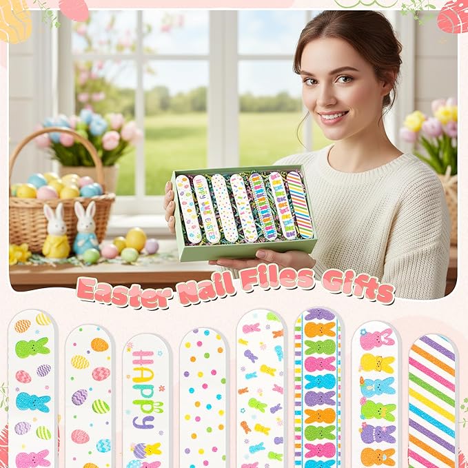 H1vojoxo Happy Easter Bunny Nail Files - 48pcs Bunny Double Sided Emery Boards for Girl’s Birthday Gifts Emery Boards for Easter Eggs Basket Stuffers Women Employee Coworkers Staff Party Nail Files