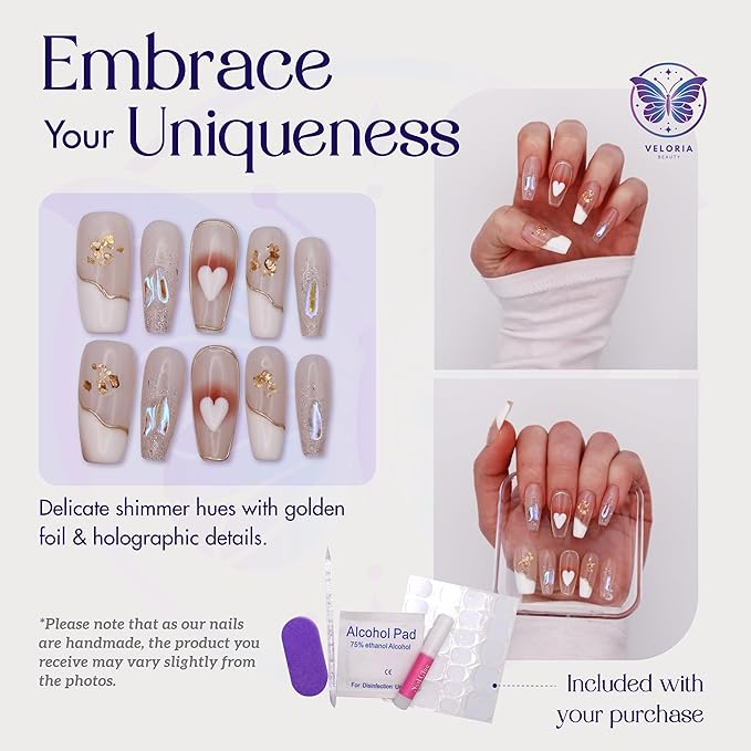 3D Handmade Press On Fake Nails, Long Coffin Shaped, Silver Glitter & Hearts, Acrylic, Gel, Reuseable Kit, For Women Daily Wear, Valentine's Day or Special Occasion (Heart of Gold)