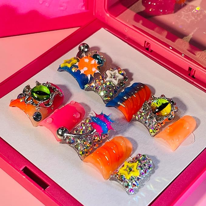 10 Pieces Luxury Acrylic Y2K Press On Nails Short Handmade Duck Nails, Nightmare Eye And Barbell 3D Nail Charms, Orange Thickened False Nails, Reusable Acrylic Nails (M)