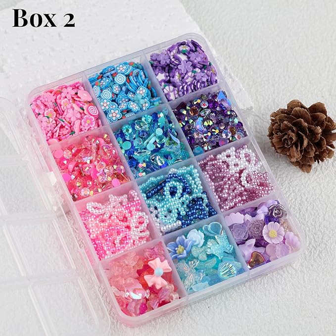 2050 Pieces 3D Butterfly Rose Flower Bow Rabbit Bear Nail Charms Kit with Nail Art Rhinestones Pearls Crystal Gems Nail Slices for Manicure DIY Crafts Jewelry Accessories (Pink Purple Blue)