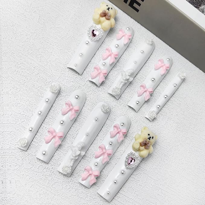 2025 White Long Nails with Cute Bear Rose Bow Design, Reusable PMMA Acrylic Handmade Nails Full Deluxe 3D Fake Nails with Pearls w/Box Ladies Gift (White, Medium)