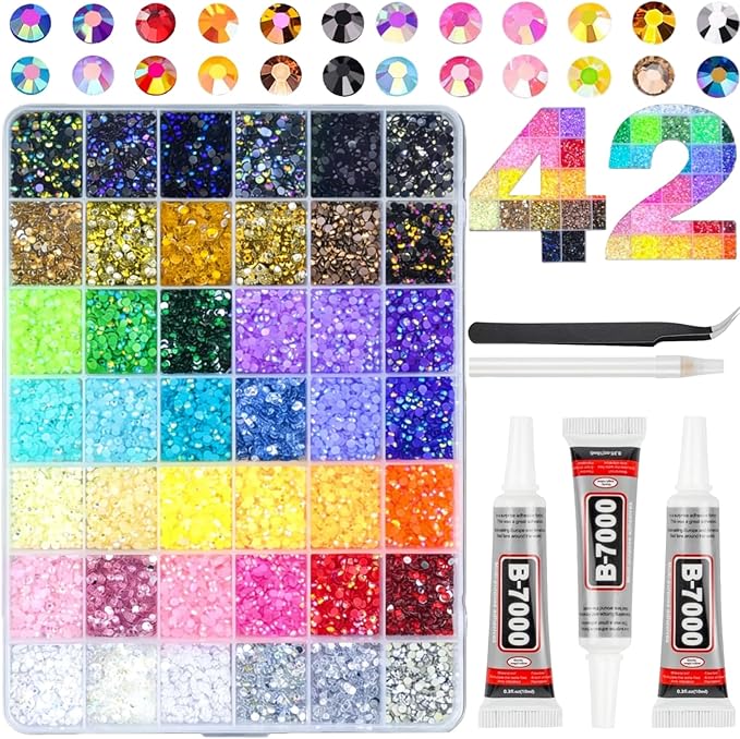 42 Colors 32000Pcs Jelly Resin Rhinestones for Bedazzling, 3mm Multicolor Flatback Gems for Crafting, Bedazzler Kit with Tweezers Pen 3Pcs B7000 Glue for Clothes Book Shoes Nails Art Makeup