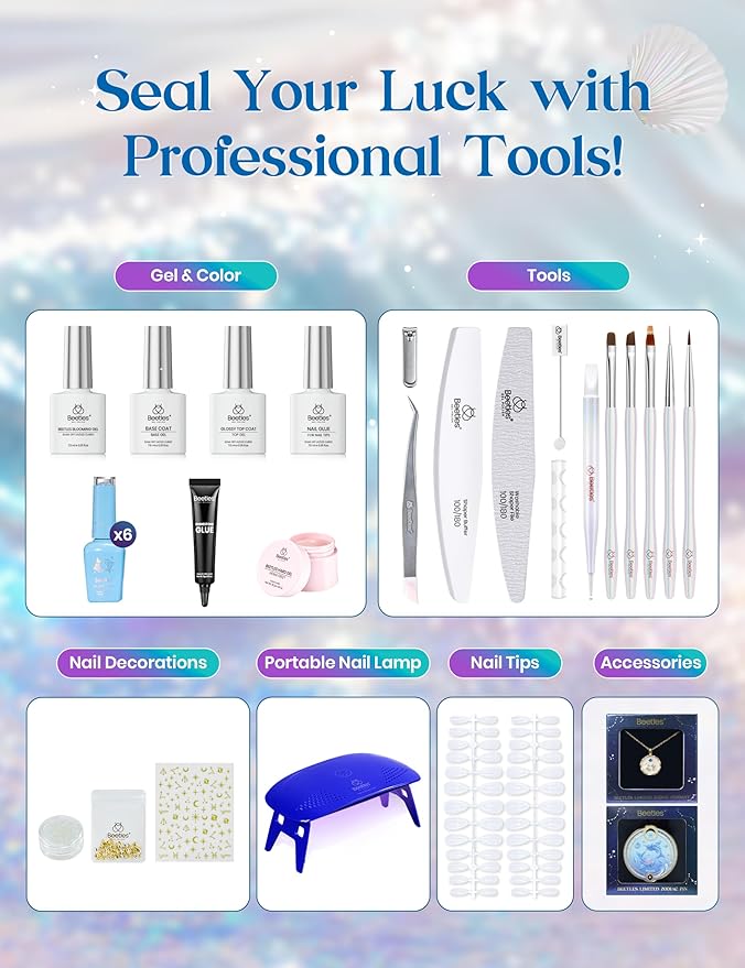 Beetles Pisces Fantasy Lucky Box, Pisces Zodiac Gel Nail Polish Kit Blue Purple Green Pink Colors, All-in-One Nail Art Set with Tools, Necklace Badge, Salon DIY Zodiac Gift for Women