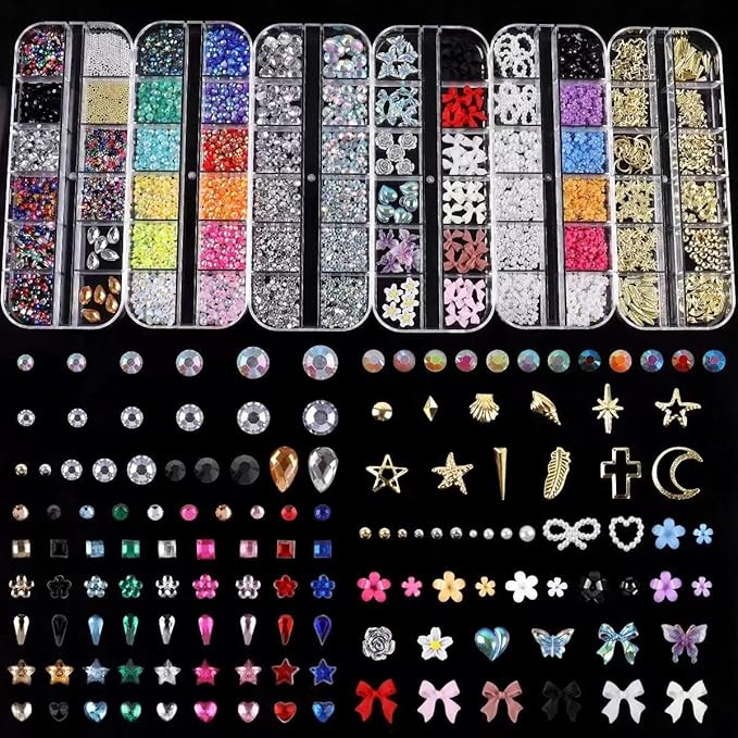 6 Box Nail Charms and Gems, Fruit Bow Hawaii Flowers Petals 3D Nail Art Charms and Flower Nail Art Stickers, Charms Y2K for Nails, Colorful Bubble Beads Nail Rhinestones