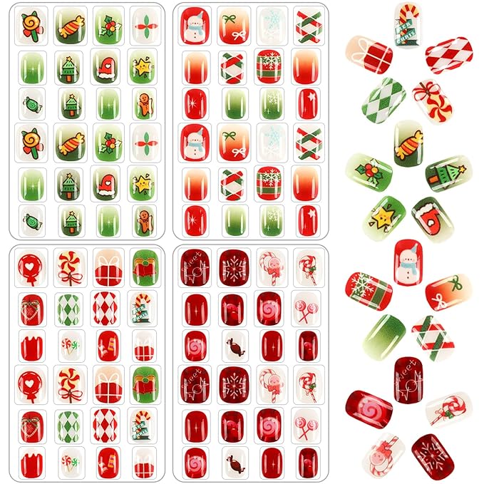 JANYUN 96 Pcs Christmas Candy Fake Nails, Press on Nails Pre-glue Full Cover Fake Nail Tips Short False Nails Art Nails Gifts