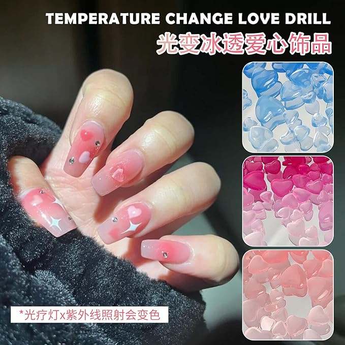 100PC UV Sensitive Heart Nail Art Decoration Mix 4/6/8mm Light Color Change Rhinestone Gems Crafts Nail Art Nail Jewelry Accessories, Rosered