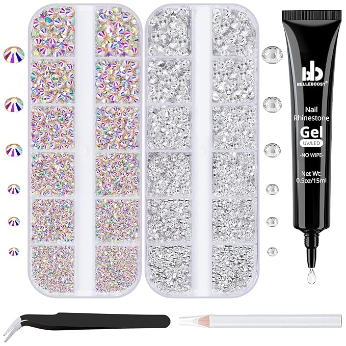BELLEBOOST Nail Art Rhinestone Glue Gel&2 Boxes Flatback Gems Kit, 1 Tube of 15ml Rhinestone Gel Glue(UV/LED Needed)+Crystal AB Gems+Flat-Back Round Glass Clear Gemstones with Pickup Tools