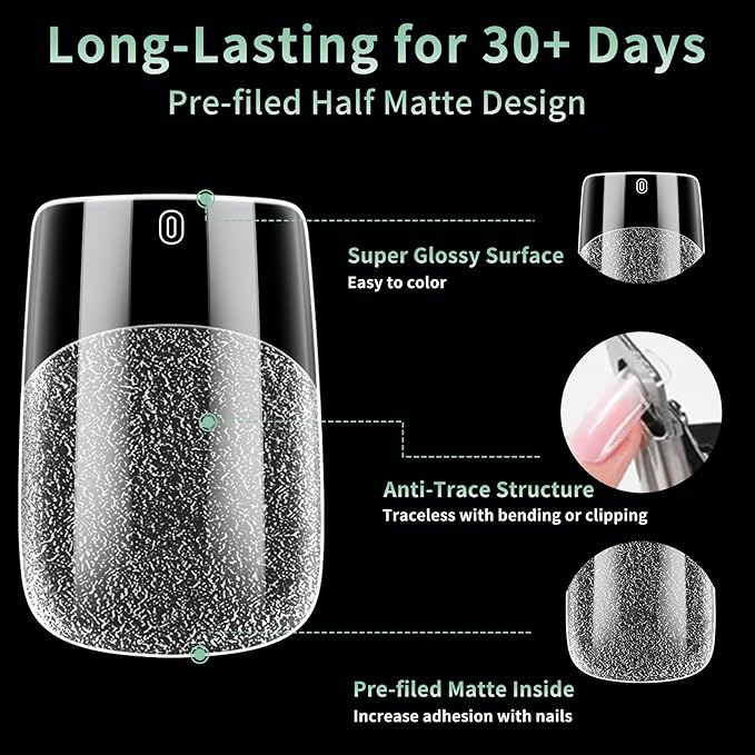 Short Square Nail Tips, 216pcs Acrylic Soft Fake Nails Gel Nail Tips, Full Cover Pre-Shaped Matte Clear Press on Nails for Extension, Diy at Home Manicure 12 Sizes