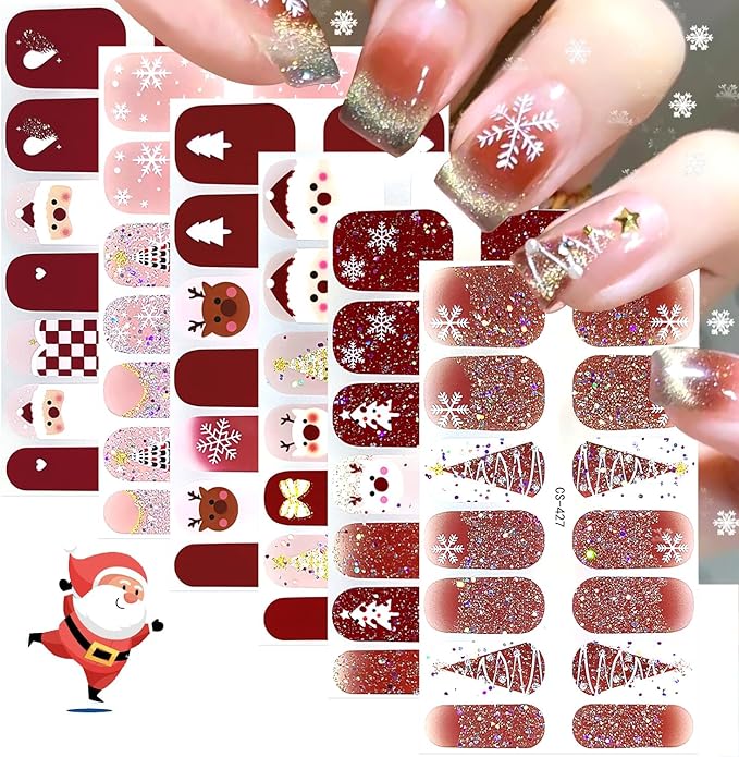 6 Sheets Christmas Gel Nail Strips 3D White Snowflake Wrap Toenail Stickers Cute Snowflake Xmas Tree Snowmen Elk Winter Nail Design Full Cover Holiday Nail Polish Stickers for Women Acrylic Nails DIY