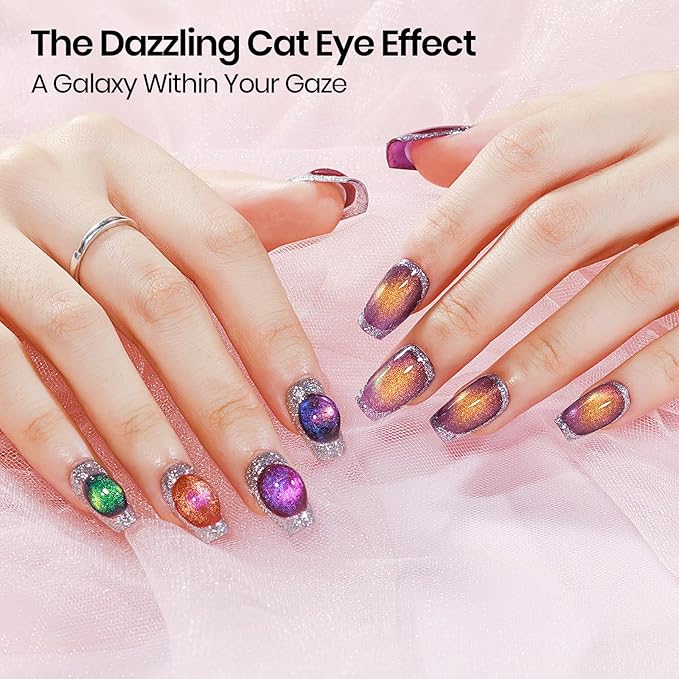 Magnetic Nail Polish Gel, 12 Colors Cat Eye Gel Nail Polish Set with Magnet, High Glossy, UV Lamp Cure, Vegan, Non Toxic, Long Lasting, 0.24fl oz