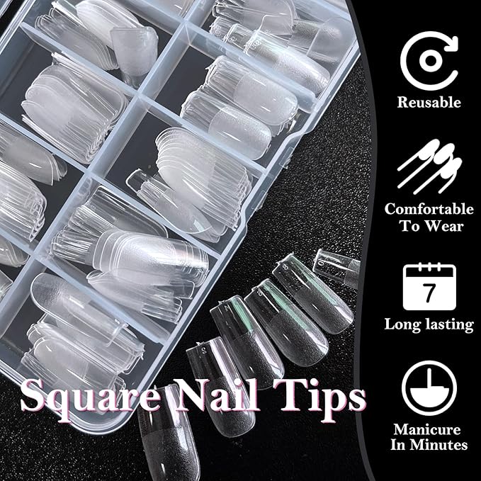 AddFavor Square Nail Tips Medium Fake Nails, 240pcs Soft Gel Nail Tips Square Clear Full Cover Gel Nails Press ons False Acrylic Nails Tips for Nail Extension, 12 Sizes Artificial Fingernails