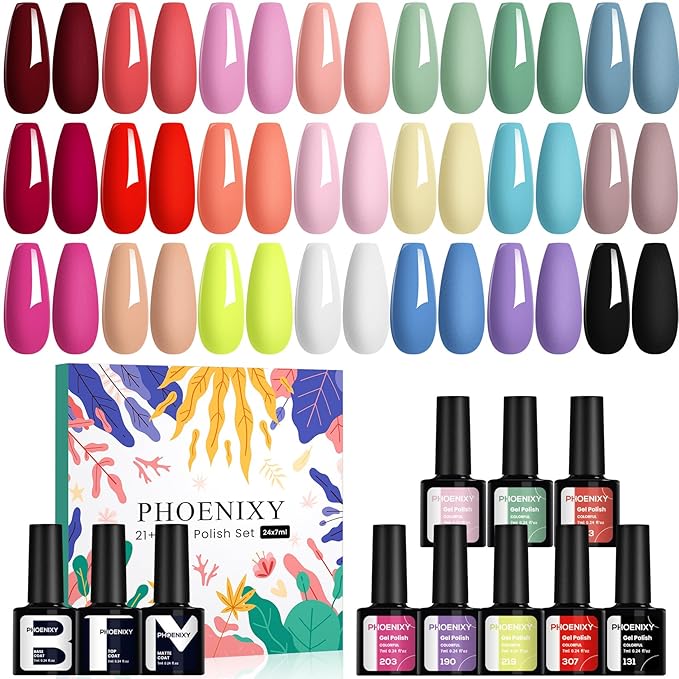 Phoenixy 24Pcs Gel Nail Polish, 21 Colors Gel Nail Polish Kit Burgundy Red Green Purple with Base Coat Glossy Matte Top Coat for Beginners Nail Art at Home PCB9029