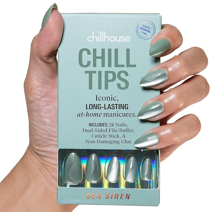 Chillhouse - Chill Tips, Press on Nails Kit - Sea Siren (Almond) - 30 Nail Shapes & Sizes - Up to 2 Weeks of Wear - Customizable Fit - Reusable - Latina Founded & Women Owned - Beauty & Self Care