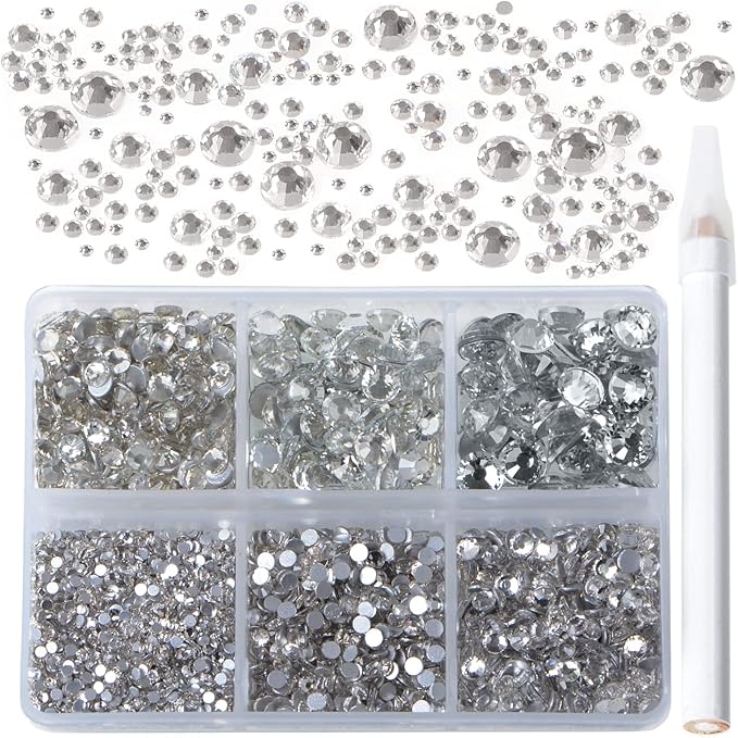 Bymitel 5000 Pieces 6 Mixed Sizes Glue Fix on Glass Rhinestones Round Crystal Gems Flatback for DIY Jewelry Making with one Picking Pen(6-Sizes 5000PCS, Clear Crystal)