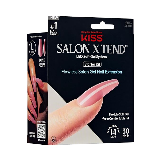 KISS Salon X-tend, Press-On Nails, Nail glue included, Tone', Medium Pink, Long Size, Coffin Shape, Includes 30 Nails, 5Ml Led Soft Gel Adhesive, 1 Led Lamp, 1 Prep Pad, 1 Manicure Stick, 1 Mini File