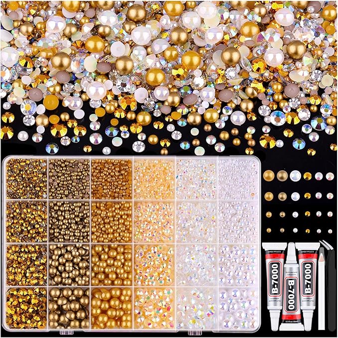 14000PCS Flatback Pearls and Gold Rhinestones for Bedazzling Kit, White Brown 3-10mm Resin Rhinestones and Half Pearls for Crafting, Nail Art Crafts Dec with 3pcs B7000 Jewelry Glue