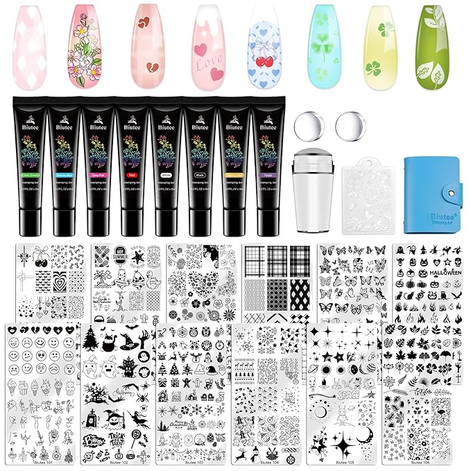 Biutee Nail Stamping Plate Set 12PCS Nail Art Stamp Plates 8PCS Stamping Nail Gel Polish, Nail Stamper and Scraper, Butterfly Leaves Bow Design Nail Stamping Kit with Storage Bag