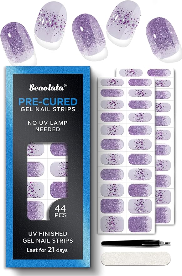 Real Gel Nail Strips (No UV Light Needed) - 44Pcs Salon Quality Nail Stickers - Long Lasting Polish Wraps for Women, Easy Apply & Remove (Galaxy Jewel Purple)