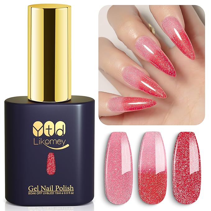 YTD Likomey Color Changing Gel Nail Polish,15ml Reflective Glitter Pink to Red Mood Temperature Change Colors Thermal Ombre Fall Winter Flash Sparkle UV Nail Varnish,HEMA Free TPO Free,WB508