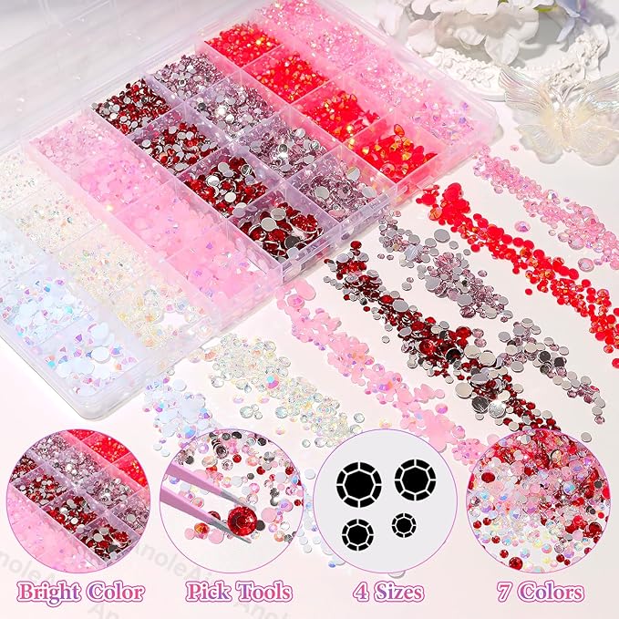 22000Pcs Pink Red Rhinestones for Bedazzling, Jelly Bedazzling Resin Gems 3-5mm, Pink White Gems Bedazzling Kit for Crafting, Flatback Color Red Hot Pink AB Gems for Nails Face Makeup Tumblers