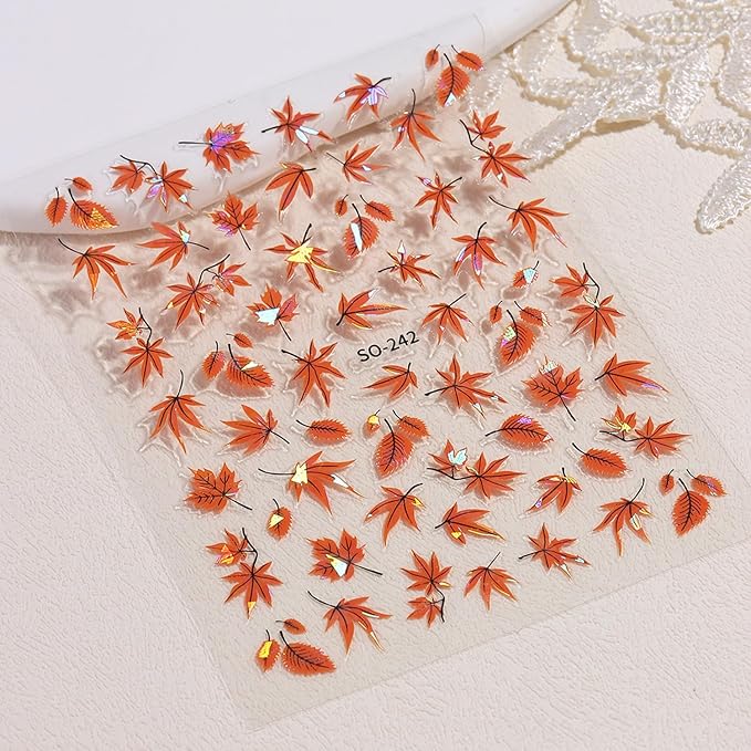 2 Sheets Fall Series Nail Stickers Maple Leaves Nail Art Stickers Autumn Iridescent Nail Decals with Orange Maple Leaves Designs Holographic DIY Self-Adhesive Nail Art Supplies