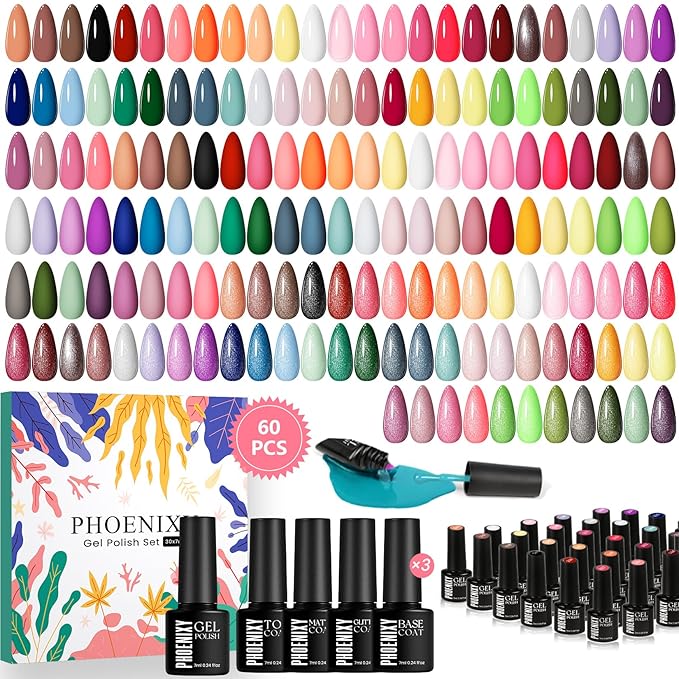 phoenixy 60 Pcs Gel Nail Polish Set, 54 Colors Gel Nail Polish Pink Red Black Base Coat Glossy Matte Glitter Top Coats for Beginner Starter