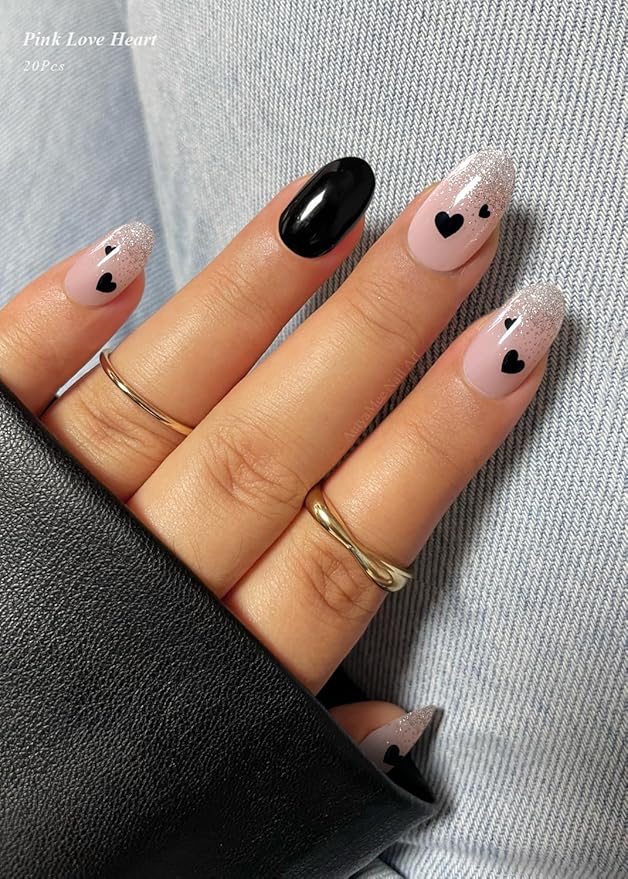 Semi Cured Gel Nail Strips (Black Love Heart), 20 Pcs Gel Nail Wraps, Stickers, UV Light Required, Salon Quality, Long Lasting, Valentines Day Gift