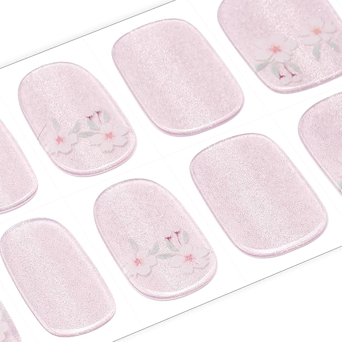 DANNI & TONI Semi Cured Gel Nail Strips Flowers (Petals of Glass) Pink Cat Eye Gel Nail Stickers 28 Stickers Gift for Woman Girls