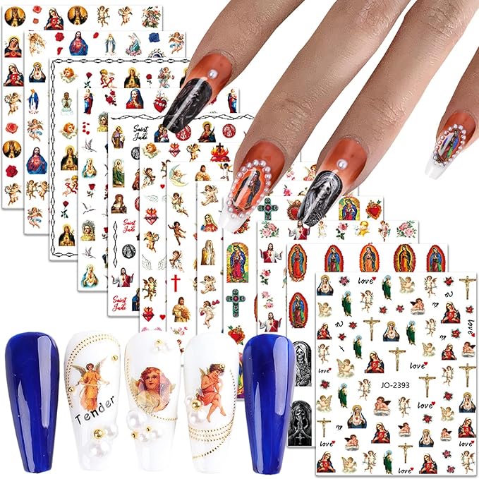 God Jesus Nail Art Stickers Decals, Christ Virgin Maria Love Cupid Angel Satan Nail Self-Adhesive Sticker Designs, Holographic 3D Angel Nail Transfer Decal for Women Girls Manicure Tips Decorations