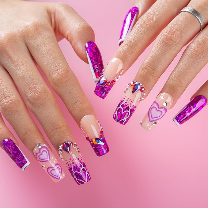 LOVFUL Valentine's Press on Nails Violet Riot | Handmade Acrylic Press ons | Reusable Fake Nails | Square Classic Regular 1.3 in | H734-S