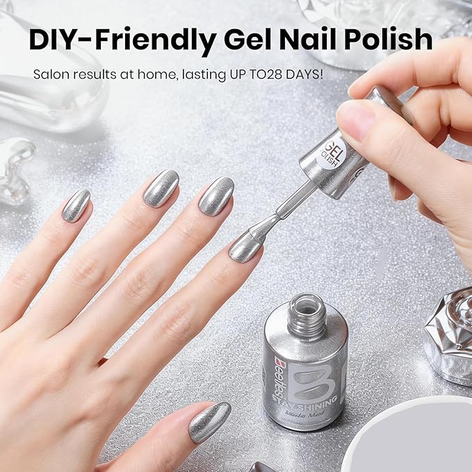 Beetles Pearl Gel Nail Polish - 15ml Stay Shining Silver Moonlight Gel Polish White Sliver Sparkle Thread Effect Nail Art Uv Led Home Salon Long-Lasting Soak-Off Nail Gel Gift for Women