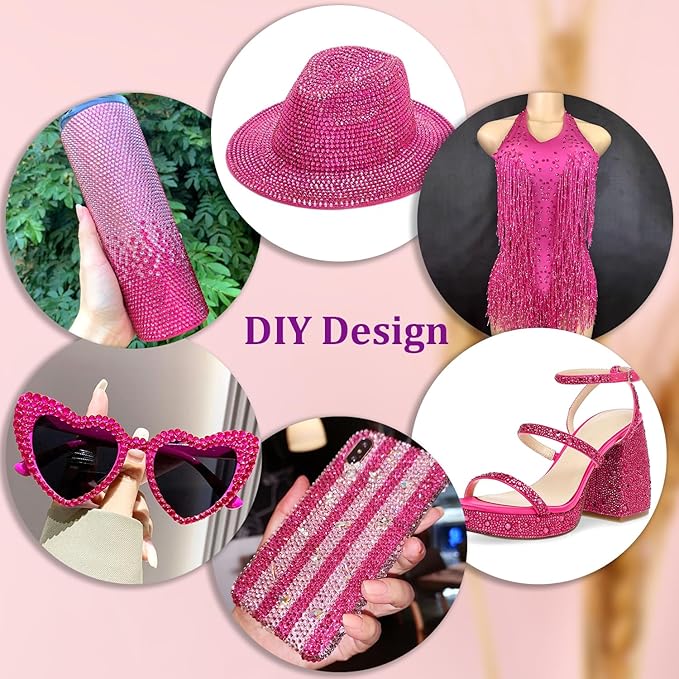25000Pcs Resin Rhinestones with Tweezers for Crafting, Hot Pink 2-6mm Mixed Sizes Bedazzling Crystal with 3Pcs 10ml B7000 Jewelry Glue for DIY Crafts Clothing Tumblers Shoes Fabric Nail Art
