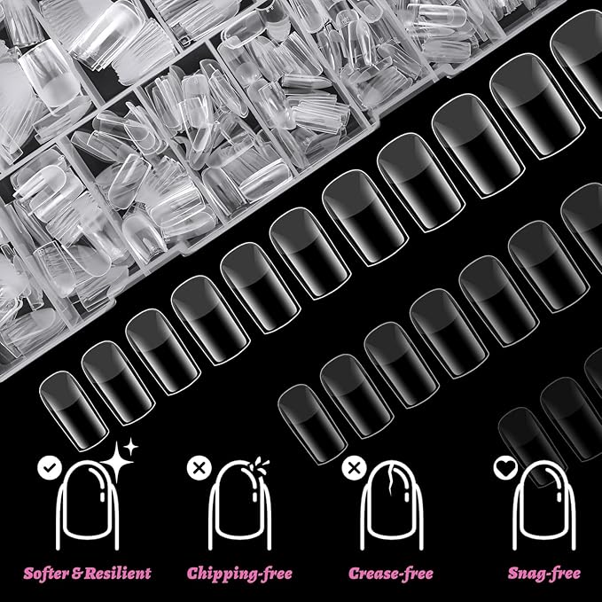 LoveOurHome 600pc Short Square Nail Tips Clear Fake Nails Short Square Gel Nail Tips Full Cover Acrylic Nails Clear Press on Nails Women False Nail 15 Sizes Fingernails for Nail Tip Extension