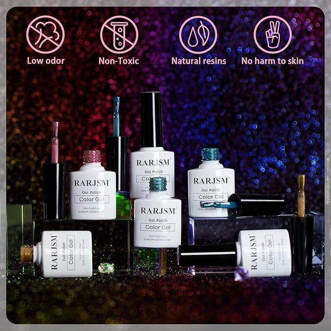 RARJSM Aurora Ceramics Glitter Glass Cat Eye Gel Nail Polish Set 6Pcs Pink Purple Brown Blue Green Shimmer Smoothie Cateye Colorful Galaxy Effect with Magnetic Stick UV LED Curing Require Home Salon