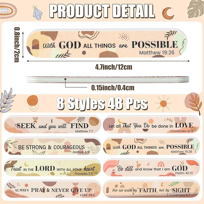 H1vojoxo Church Bible Verse Nail Files - 48pcs Christian Gifts for Women Bulk Boho Scripture Double Sided Emery Boards for Christian Religious Women Employee Appreciation Teacher Coworkers Staff Gifts
