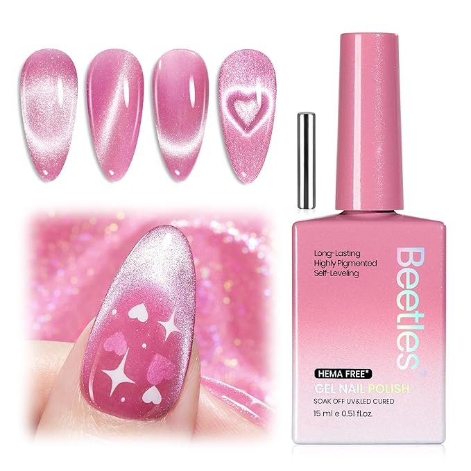 Beetles Sugar Swirl Pink Cat Eye Gel Nail Polish - 15ML Pink Cat Eye Valentines Gel Polish Glitter Magnetic Translucent Glassy Effect Soak Off UV French Nail Art Manicure Gifts for Wome