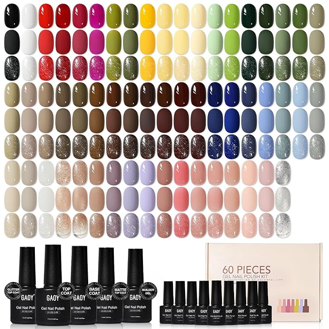 GAOY 60 Pcs Gel Nail Polish Set, 55 Colors All Season Gel Polish Kit Red Nude Black White Green with 5 Pcs Soak off Base Glossy Matte Glitter Top Coat & Builder for Nail Art DIY Manicure at Home