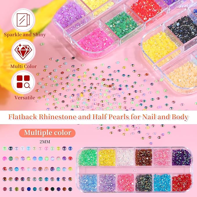5 Boxes 13200pcs Sparkling Crystal Nail Rhinestones Pearls Kit, Flatback Multicolor Transparent Jelly AB Mermaid Gems with Pick Up Pen and Curved Tweezers for Manicure Salon & Craft DIY Designs (2mm)