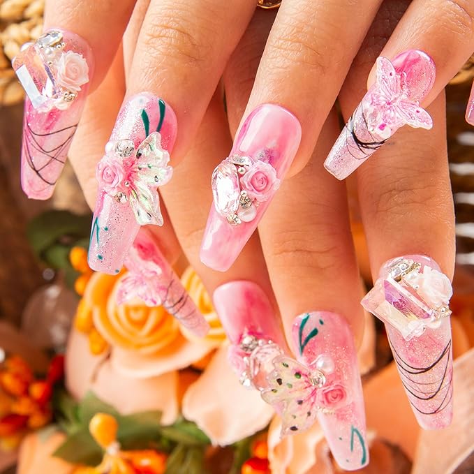 LOVFUL Press on Nails Victorian's Dreams | Handmade with Full Covered Crystals | Reusable Full Cover Nails | Coffin Classic Regular 1.3 in | H462-L