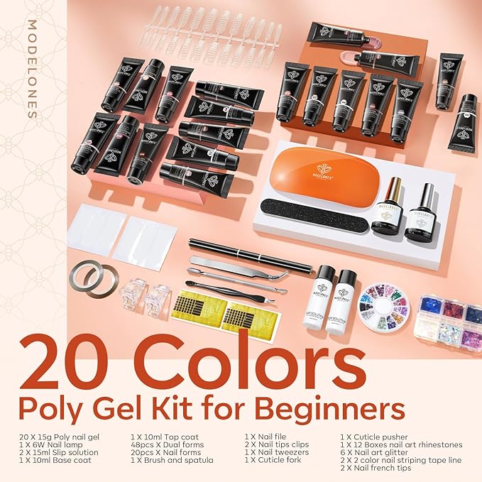 Modelones Poly Gel Nail Kit with Lamp - 20 Color Complete Extension Starter Kit - Nude Pink Glitter Red with Nail Art Tools and Gifts for Women