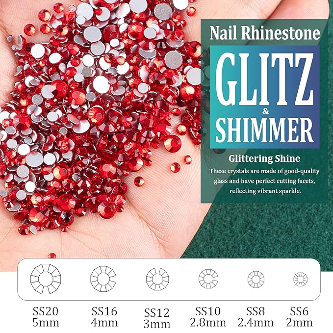 3440PCS 6 Sizes Red Glass Crystal Kit with Pickup Pen + Tweezer Tools for Iridescent Shine Nail Art Manicure Makeup DIY Deco Flatback Round Bead Rhinestone Gem Jewelry Diamond