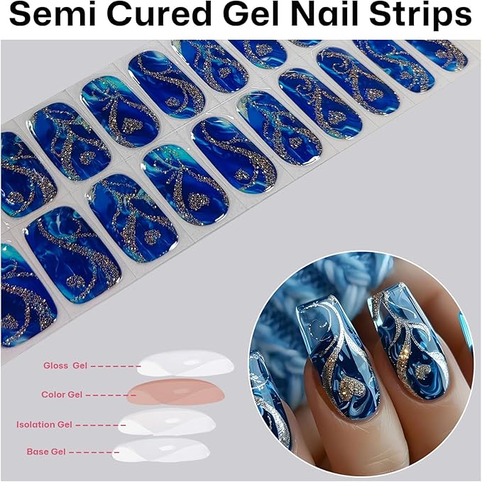 Semi Cured Gel Nail Strips,Blue Glass Nails Stickers with High Gloss and Glitter Design for Women,60S UV Light Curing Manicure,Long Lasting, Arts at Home
