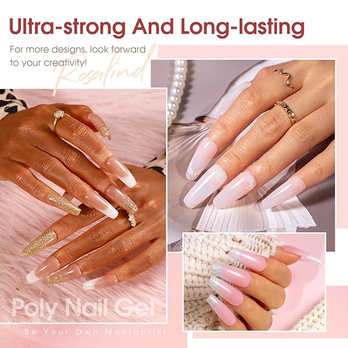ROSALIND Poly Nail Gel Kit -20 Colors + 76 Nail Art Accessories kit Clear Nude Poly Nails Gel Starter Kit With Slip Solution Pro Nude Pink Nail Extensions with Mini UV Lamp