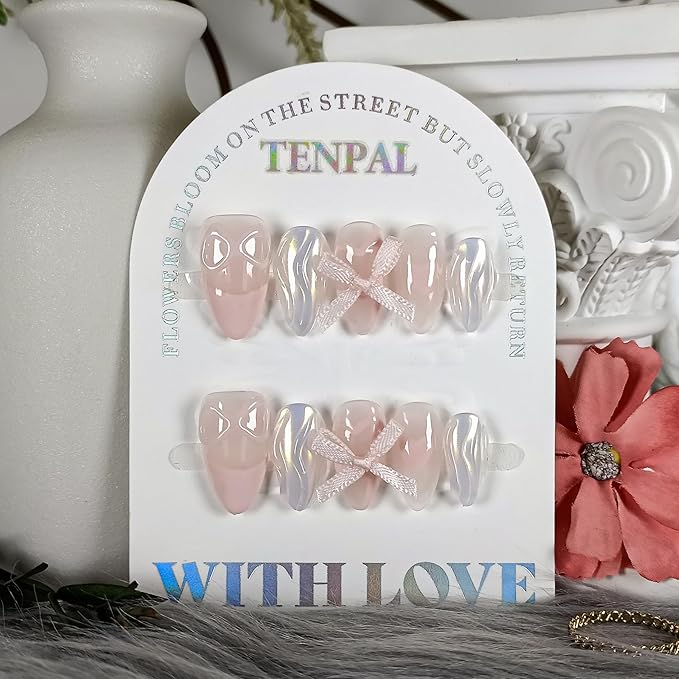 Lovely Sweet Cute Pink Nails Aurora Glitter French Tip Press On Nails Short Almond Soft Gel Fake Nails With Sparkling Waves 3D Bow Ties 10pcs/Box Acrylic Stick on Nails For Women Girls(M)